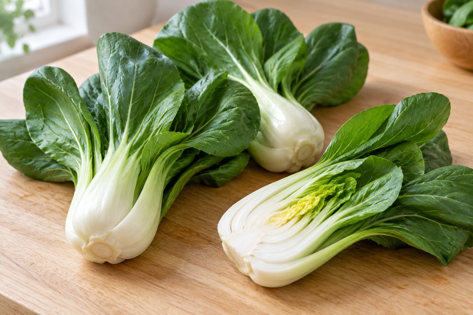 Fresh bok choy showing its pale stems and green leaves