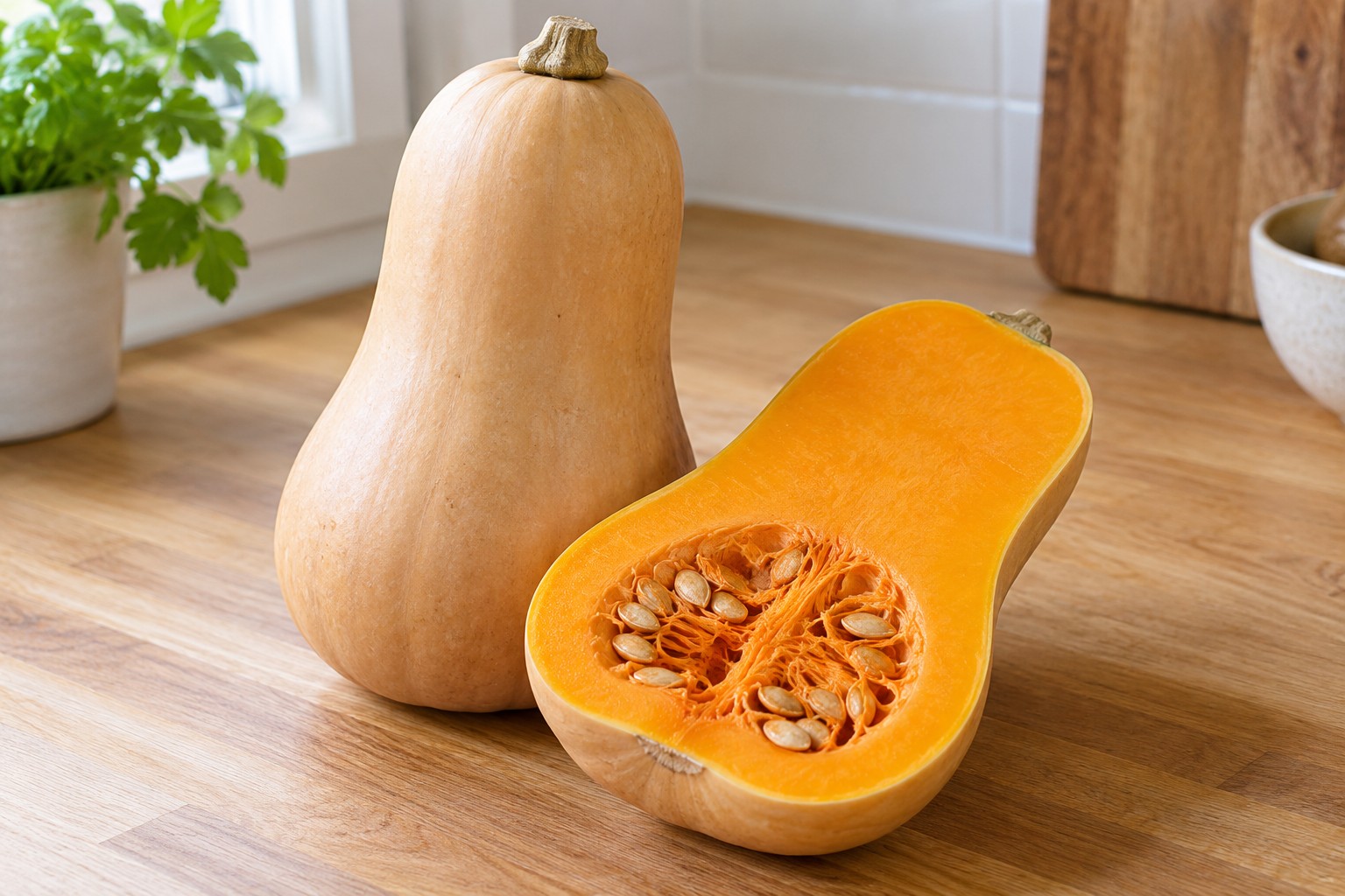 Whole and cut butternut squash showing its orange flesh and seeds