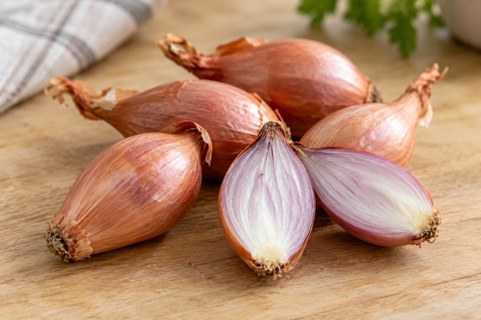 Whole and cut shallots showing their papery skin and layered flesh