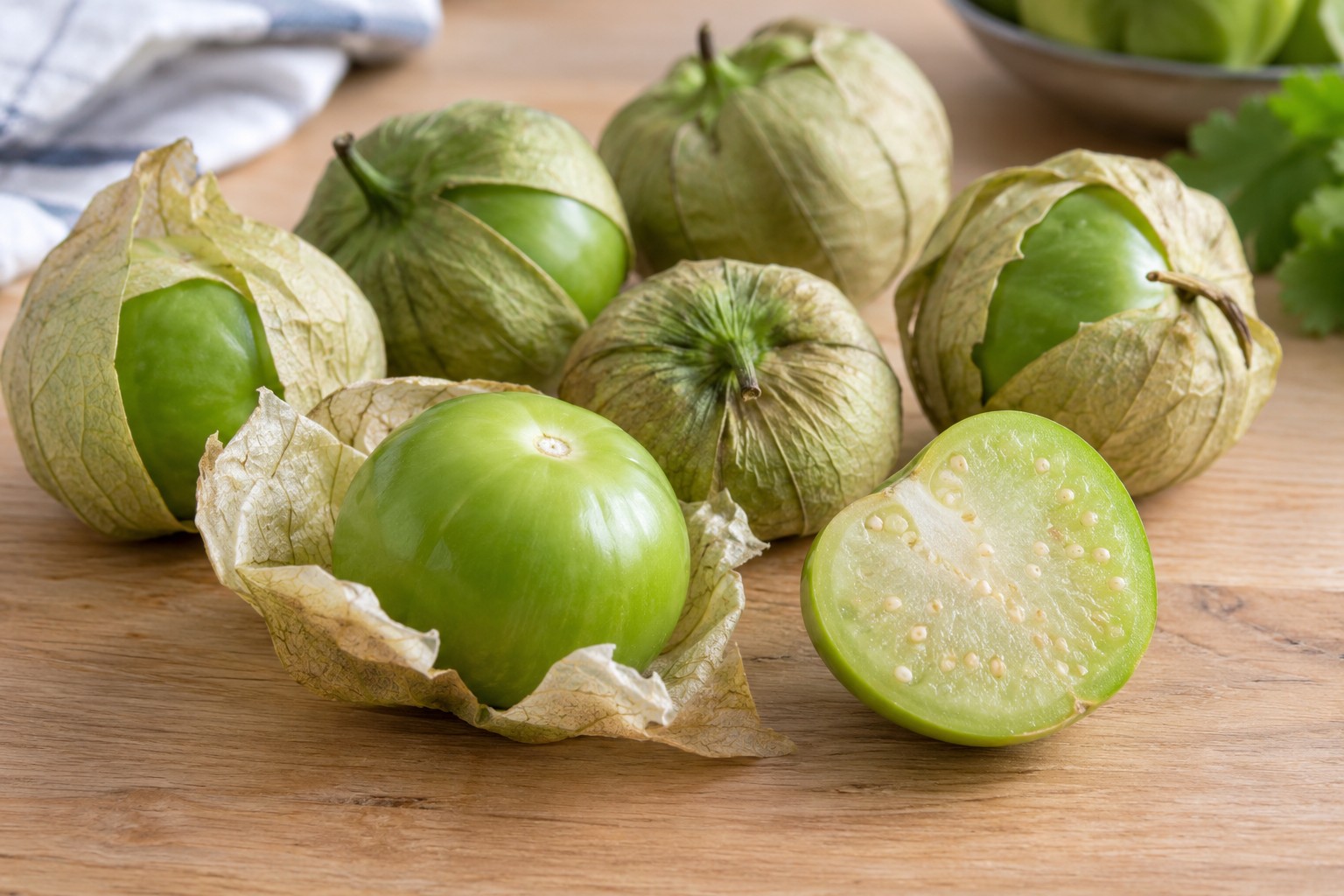 Whole tomatillos with papery husks and exposed green fruit