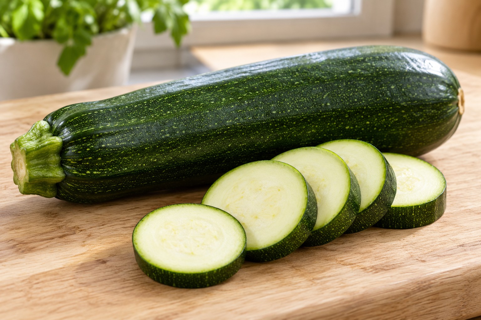 Fresh zucchini with a cut section showing the pale interior